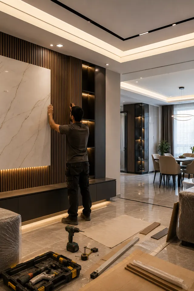 اجرای دکوراسیون داخلی؛ کناف و سقف کاذب، نورپردازی و کابینت در یک فضای مسکونی